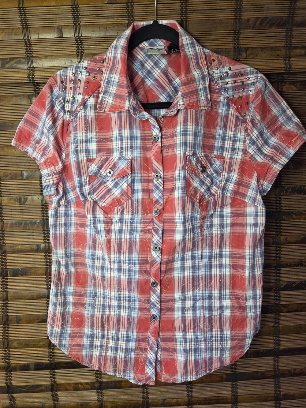 Harley Davidson Red White Blue Plaid Star Studded Shirt Women's Sz L